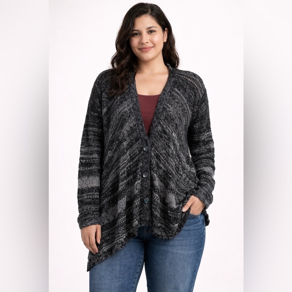 Free People Women’s M Gray Black Open Knit Draped Cardigan Boho Sweater